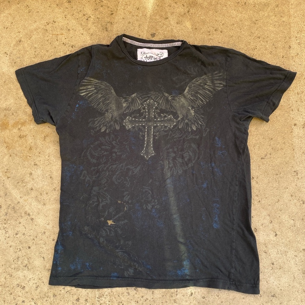 Austus Shirt womens Size L Blue Short Sleeve Foil Eagle Graphic